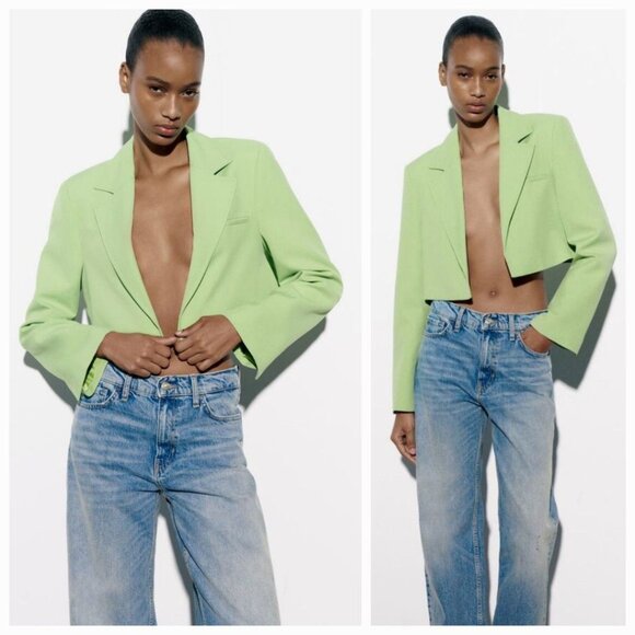 Zara Hijau Baru Asli Crop Jacket Blazer - Picture 1 of 5